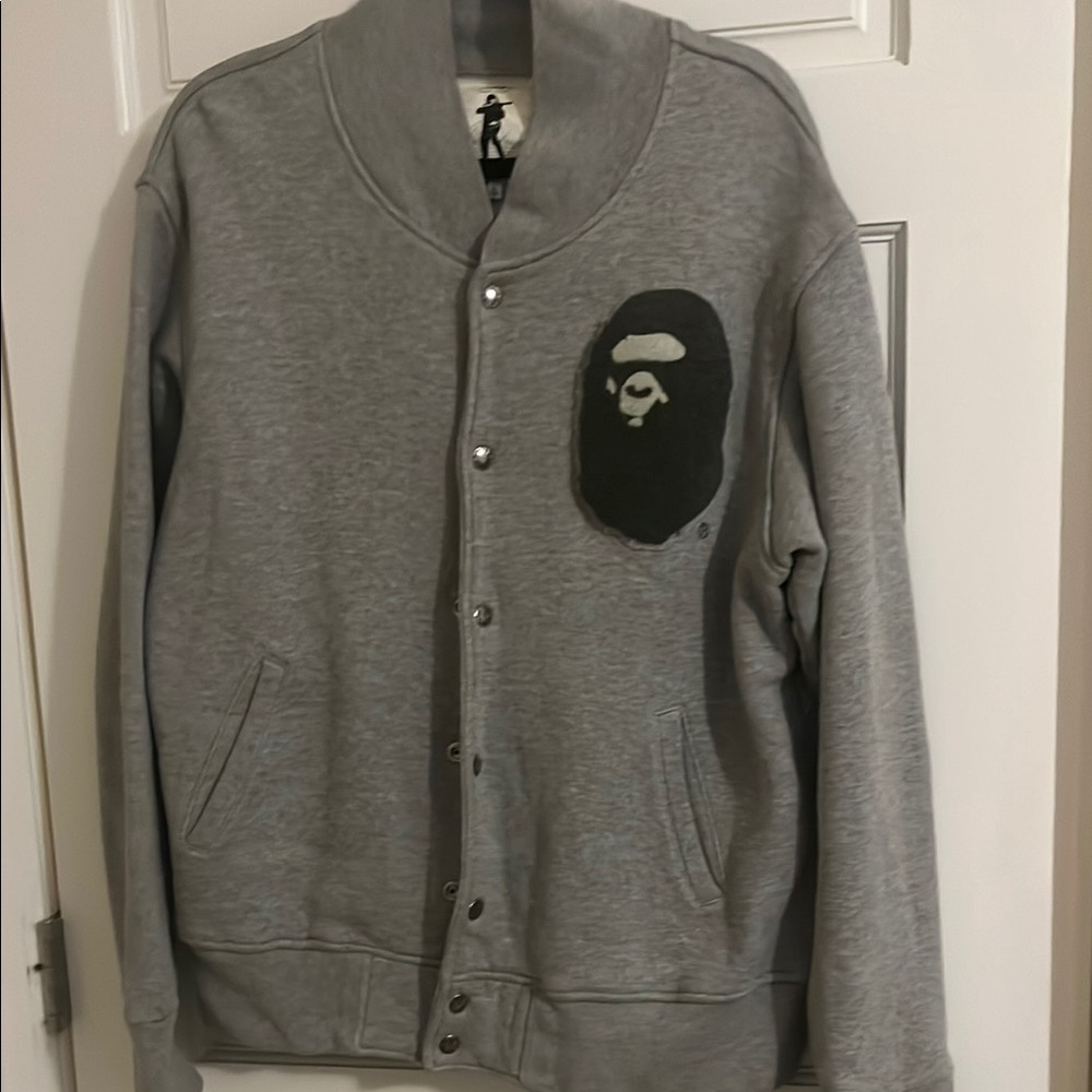 Gray Bape Bomber Jacket with Rounded Collar and Ribbed Waistband, size L